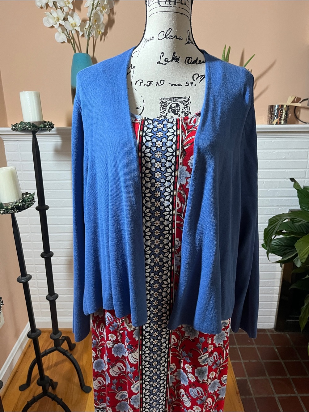 J. Jill Red Floral Midi Dress with Blue Accents and Matching Blue Cardigan
